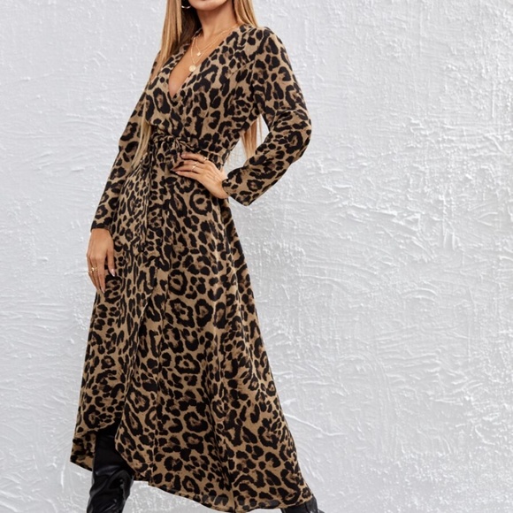 Leopard print wrap maxi long sleeve maxi dress - Picture 3 of 7